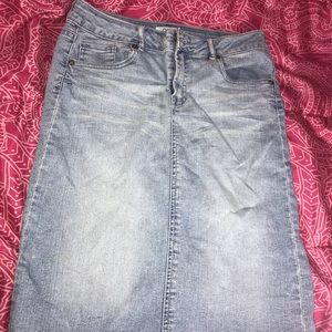 High waisted light wash denim skirt